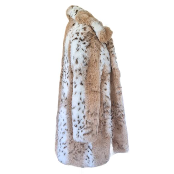 PAMELA MCCOY Lynx Faux Fur Coat Stroller Size Small Tan Off-White Mid Length - Picture 2 of 9
